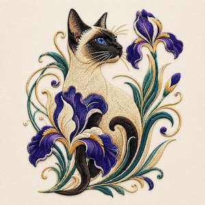 May include: An intricate embroidery design featuring a Siamese cat with bright blue eyes, surrounded by deep purple iris flowers, green leaves, and golden swirling vines on a cream-colored fabric background, showcasing detailed needlework.
