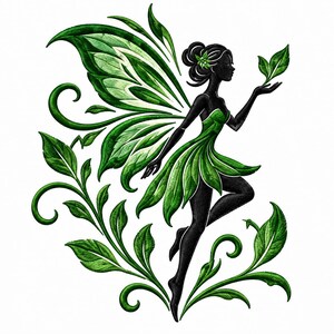 May include: An embroidered design featuring a black silhouette of a fairy with large, detailed green and white wings. The fairy wears a skirt made of green leaves and holds a small green leaf in one hand, surrounded by swirling green vines.