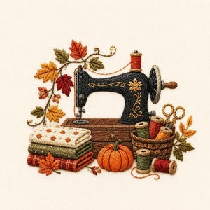 May include: An intricate embroidery design featuring a black vintage sewing machine, a stack of folded fabric, a small orange pumpkin, and wooden spools of thread. The scene is decorated with embroidered autumn leaves in shades of red and gold.