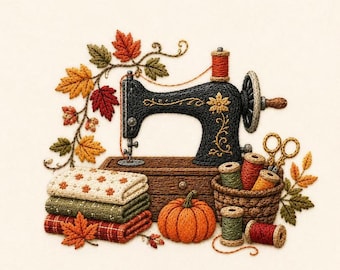 May include: An intricate embroidery design featuring a black vintage sewing machine, a stack of folded fabric, a small orange pumpkin, and wooden spools of thread. The scene is decorated with embroidered autumn leaves in shades of red and gold.