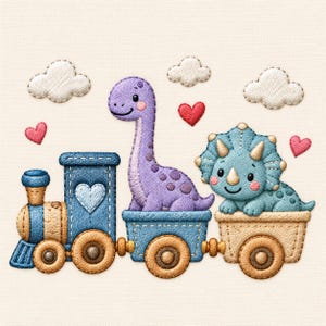 May include: An embroidered graphic featuring a blue train engine with a heart cutout, pulling two train cars. A purple long-necked dinosaur sits in the first car, and a blue triceratops sits in the second. Three white clouds and three red hearts surround them.