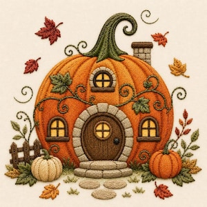 May include: An embroidery design featuring a large orange pumpkin shaped like a house with a brown door, stone-textured archway, and windows. It includes a green stem, a small chimney, a white pumpkin, an orange pumpkin, and scattered autumn leaves.