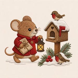 May include: An embroidery design featuring a brown mouse wearing a red coat, holding a wrapped gift and a lit lantern. Beside the mouse is a wooden birdhouse covered in snow with a red flag, and two small robins perched on the snow and pine branches.