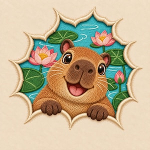 Peut inclure: Un écusson brodé représentant un capybara brun souriant qui regarde à travers une ouverture dentelée en forme d'étoile. L'arrière-plan montre un étang bleu vif avec des nénuphars verts et des fleurs de lotus roses, le tout en fil texturé.