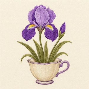 Pode incluir: Um design de bordado apresentando uma vibrante flor de íris roxa com detalhes amarelos e um caule verde, emergindo de uma xícara de chá cor de creme com borda e alça roxas. A obra exibe texturas de costura detalhadas em todo o motivo.