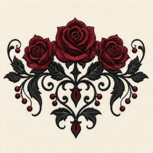 May include: An embroidery design featuring three deep red roses centred above a symmetrical arrangement of black swirling vines, pointed leaves, and small red berries. The pattern is set against a solid, light cream-coloured fabric background.