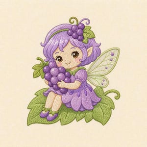 May include: An embroidery design featuring a fairy with purple hair and a purple dress, holding a cluster of purple grapes. The fairy has light green wings, sits on a large green leaf, and wears purple shoes, all rendered in detailed stitching.