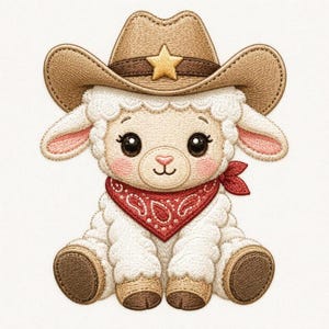 Op de afbeelding: Een geborduurde patch van een zittend wit lammetje, met een beige cowboyhoed met een gele ster en een rode bandana met een wit paisley-patroon. Het lammetje heeft grote zwarte ogen, roze wangen en bruine hoeven aan de voeten.