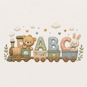May include: An embroidered design featuring a toy train with a brown teddy bear in the engine, followed by three train cars carrying the letters A, B, and C, with a white rabbit sitting next to the letter C, accented by clouds and stars.