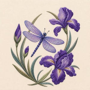 Peut inclure: Une broderie représentant une libellule violette centrale aux ailes détaillées, entourée de deux fleurs d'iris violettes épanouies, de deux boutons d'iris et de feuilles vertes effilées disposées en cercle sur un tissu couleur crème.