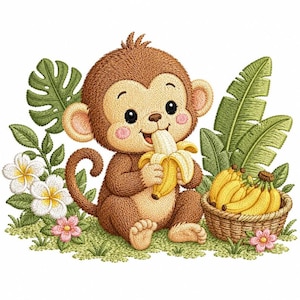 Peut inclure: Une illustration brodée d'un singe brun aux joues roses mangeant une banane jaune. Le singe est assis sur de l'herbe verte entouré de feuilles tropicales, de fleurs blanches et roses, et d'un panier tressé rempli de bananes jaunes.