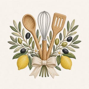 May include: An embroidery design featuring a wooden spoon, a metal whisk, and a wooden slotted spatula arranged with olive branches, black and green olives, yellow lemons, small white flowers, and a central beige fabric bow tied at the base.