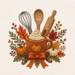 Puede incluir: Un diseño de bordado que muestra una taza llena de crema batida y una rama de canela, rodeada por un batidor, una cuchara de madera, un rodillo, calabazas naranjas y blancas, piñas, bellotas, hojas de otoño, bayas y un lazo naranja.
