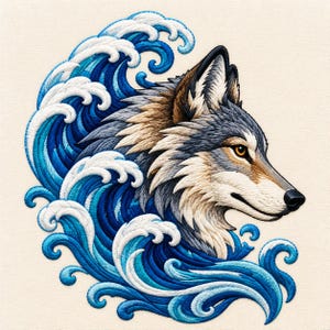 May include: An embroidered patch featuring a wolf head in profile with grey, white, and tan fur, set against a backdrop of stylised, swirling ocean waves in shades of deep blue, bright blue, and white on a cream-coloured fabric base.