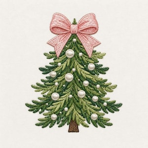 May include: An embroidered Christmas tree design featuring a large, light pink bow at the top. The tree is rendered in various shades of green thread with white circular ornaments scattered throughout the branches and a brown embroidered tree trunk.