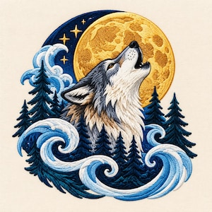 May include: An embroidered patch featuring a wolf howling at a large yellow full moon. The scene includes dark blue pine trees, swirling light blue waves, and four small yellow stars against a dark blue crescent background.