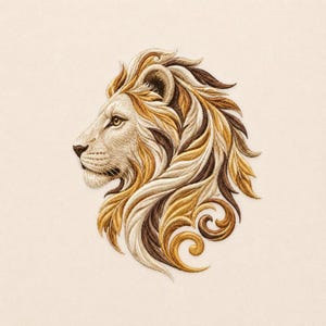 May include: An embroidered patch featuring the profile of a lion head. The design uses shades of cream, gold, and dark brown thread to create detailed, flowing mane textures and intricate swirling patterns that extend from the neck area.