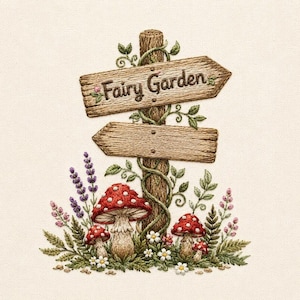 Fairy Garden Sign Embroidery Design, Whimsical Forest Mushroom Machine File (Digital Download)