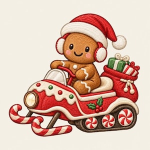 May include: An embroidered patch featuring a brown gingerbread person wearing a red Santa hat and white earmuffs, riding a red snowmobile with candy cane skis, peppermint wheel accents, and a sack filled with wrapped Christmas gifts on the back.
