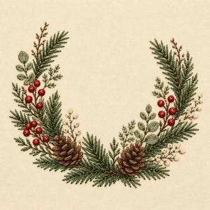 May include: An embroidery design featuring a semi-circular wreath of evergreen pine branches, brown pinecones, clusters of small red berries, and sprigs of light-colored berries, all stitched onto a solid cream-colored fabric background.