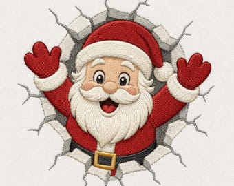 May include: An embroidered design of Santa Claus with a red hat, white beard, and red suit with a black belt and gold buckle, appearing to break through a circular gray wall with cracks radiating outward from the center of the image.
