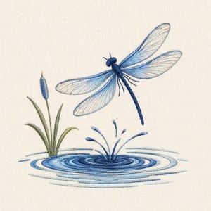 Può includere: Un disegno ricamato raffigurante una libellula blu che vola sopra un increspatura circolare nell'acqua. A sinistra, una pianta di tifa verde si erge in verticale. La libellula ha ali dettagliate con cuciture blu e bianche su tessuto crema.