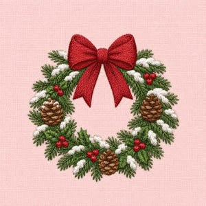 May include: An embroidered Christmas wreath design featuring green pine branches, three brown pinecones, clusters of small red berries, and white snow-like accents. A large, vibrant red bow is positioned at the top center of the circular wreath.