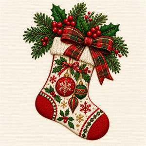 May include: A cream-colored Christmas stocking featuring a red toe and heel, decorated with embroidered holly leaves, red berries, and snowflakes. A large red and green plaid bow sits at the top with pine branches and red berries.