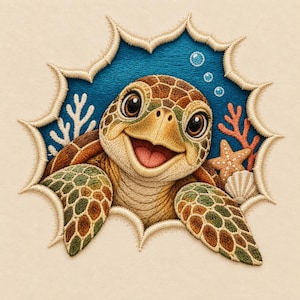 Op de afbeelding: Een geborduurde patch met een glimlachende zeeschildpad die uit een grillige, stervormige opening tevoorschijn komt. De schildpad heeft een bruin en groen patroon op de huid, tegen een diepblauwe achtergrond met wit koraal, een zeester, schelp en bubbels.