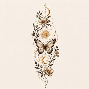 Celestial Butterfly Embroidery Design, Boho Floral Moon Sun Pattern (Digital Download)