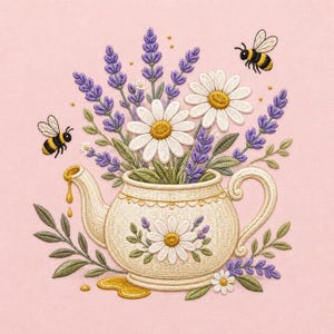 May include: An embroidery design on a light pink background featuring a cream-colored teapot filled with purple lavender sprigs and white daisies. Two bumblebees fly near the flowers, and golden honey drips from the teapot spout onto the surface.
