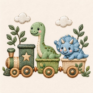 May include: An embroidered illustration of a green train engine pulling two train cars. A green long-necked dinosaur sits in the first car, and a blue triceratops sits in the second. The design includes two white clouds and green leafy branches.