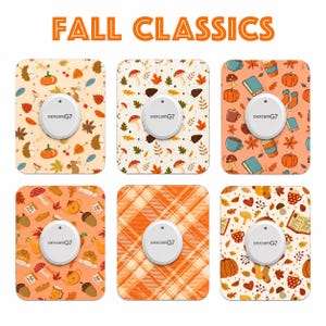 May include: Six rectangular adhesive patches for Dexcom G7 continuous glucose monitors, each featuring a unique fall-themed pattern including pumpkins, mushrooms, leaves, plaid, and coffee cups, with the text FALL CLASSICS at the top.