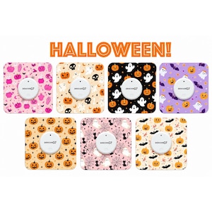 May include: Seven square adhesive patches for a Dexcom G7 device, each featuring a unique Halloween pattern including pumpkins, ghosts, bats, cats, and spiderwebs. The text HALLOWEEN! is displayed in orange above the collection of patches.