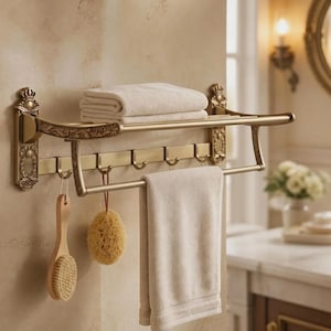 May include: A wall-mounted antique brass towel rack featuring an upper shelf, a lower towel bar, and five hooks. The rack has ornate decorative side brackets. A folded white towel sits on the shelf, while a second towel and a sponge hang below.
