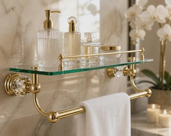Gold Brass Glass Bathroom Shelf with Towel Bar | Wall Mounted Double Tier Crystal Organizer