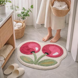Puede incluir: Una alfombra de baño de color crema con un diseño de cerezas con mechones que presenta dos grandes frutas circulares rojas y rosas, tallos verdes y dos hojas verdes. La alfombra tiene una forma redondeada irregular y una superficie texturizada.