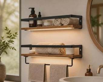 2-stufiges, schwebendes Regal aus verkohltem Kiefernholz - An der Wand befestigte Aufbewahrung für Badetücher
