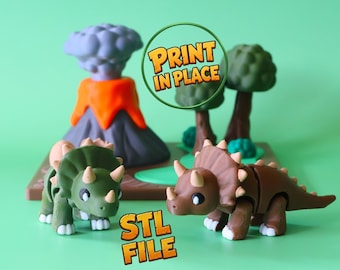Dinosaur Diorama STL with Articulated Triceratops | 3D Printable Volcano Scene with Hidden Dino Eggs
