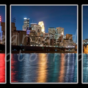 Minneapolis Skyline, the Stone Arch Bridge, and the Mississippi River Triptych - Fine Art Photograph