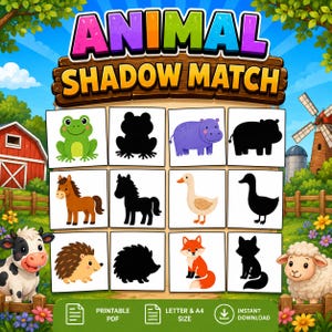 Animal Shadow Match Printable PDF | Animal Matching Game | Preschool Activity | Homeschool Learning | Letter & A4 | 24 Sets