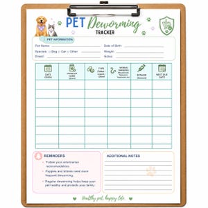 Puede incluir: Un portapapeles marrón con una hoja de seguimiento de desparasitación de mascotas. El formulario incluye secciones para información de la mascota, una cuadrícula para registrar fechas, productos, tipos, parásitos, dosis y recordatorios.