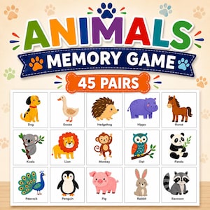 May include: Animals Memory Game with 45 pairs. The box features colorful text and illustrations of a dog, goose, hedgehog, hippo, horse, koala, lion, monkey, owl, panda, peacock, penguin, pig, rabbit, and raccoon in a grid of white squares.
