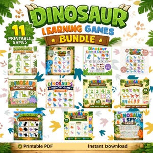 Puede incluir: Un paquete digital de 11 juegos de aprendizaje imprimibles sobre dinosaurios con ilustraciones coloridas. La colección incluye juegos de emparejar el alfabeto, búsqueda del tesoro, tarjetas de conteo, bingo, memoria, números, patrones, sombras, clasificación por tamaños y juegos de buscar y encontrar.