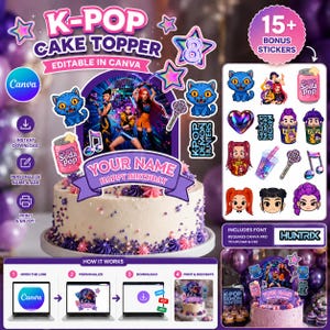K-Pop-Dämonenjäger-Geburtstagstortenaufsatz (bearbeitbar in Canva) | Personalisierte Partydekoration | Digitaler Download