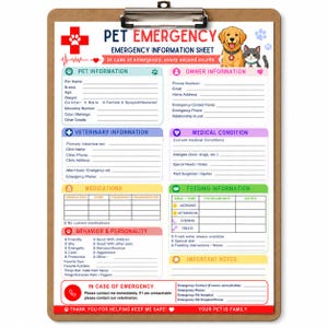 Puede incluir: Un portapapeles marrón con una hoja de información de emergencia para mascotas, con secciones coloridas para datos del animal, propietario, veterinario y médicos. El documento incluye ilustraciones de un perro y un gato.