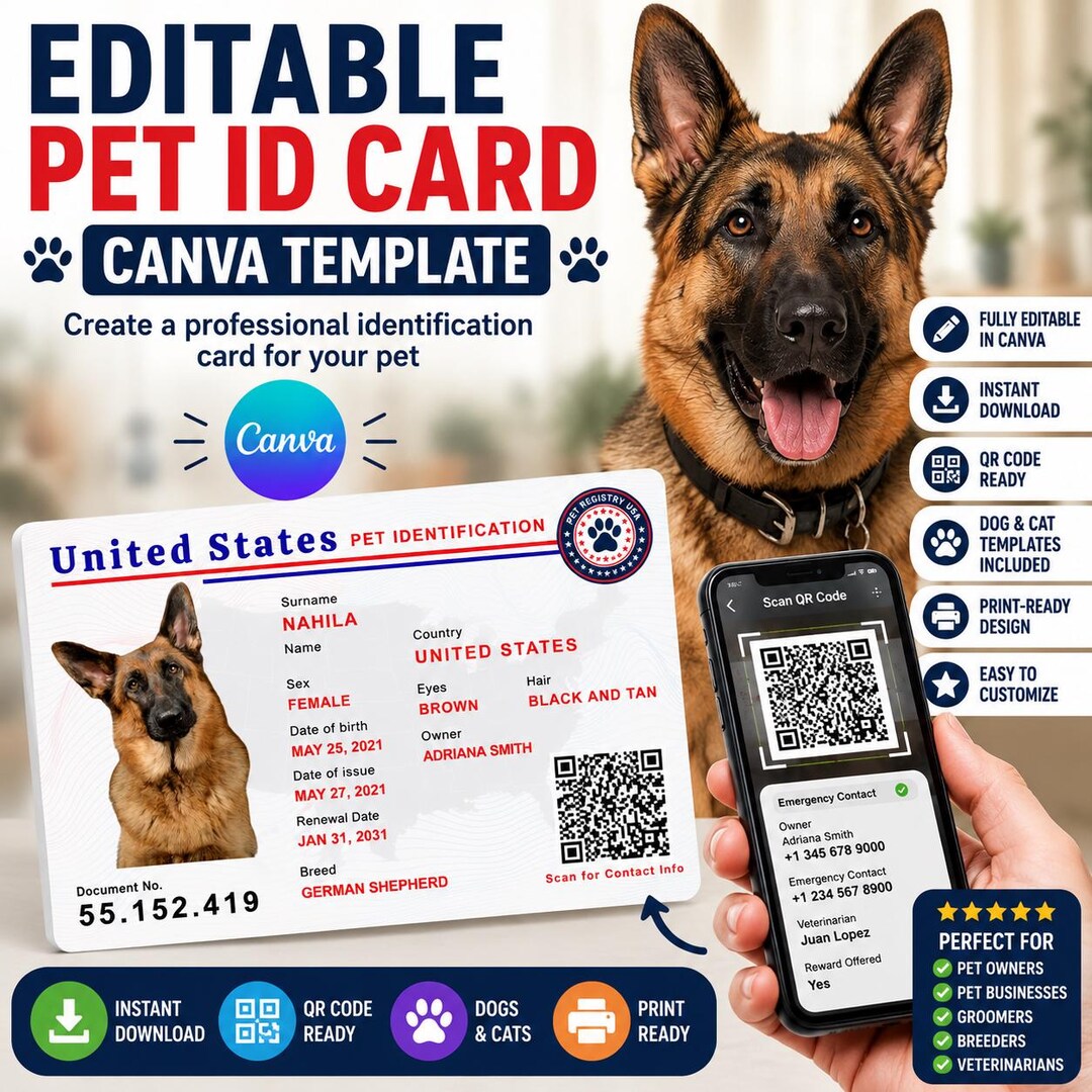 Editable Pet ID Card Template | Canva Pet Identification Card | Dog ...