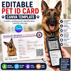 Puede incluir: Una plantilla de tarjeta de identificación para mascotas de Canva editable con un pastor alemán. La tarjeta muestra detalles de identificación de Estados Unidos, una foto del perro, un código QR y el número de documento 55.152.419.