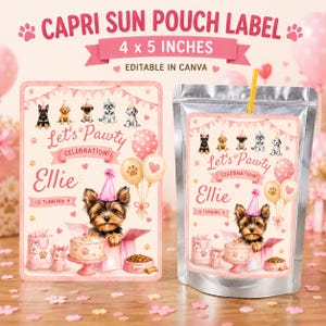 Editable Capri Sun Pouch Label Template | Puppy Birthday Party Juice Pouch Label | Girl Dog Birthday Decor | Canva Template