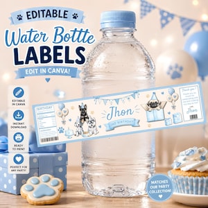 Water bottle labels (puppy theme) | Editable Canva wrapper for birthdays | Blue dog-themed party decoration | Instant download